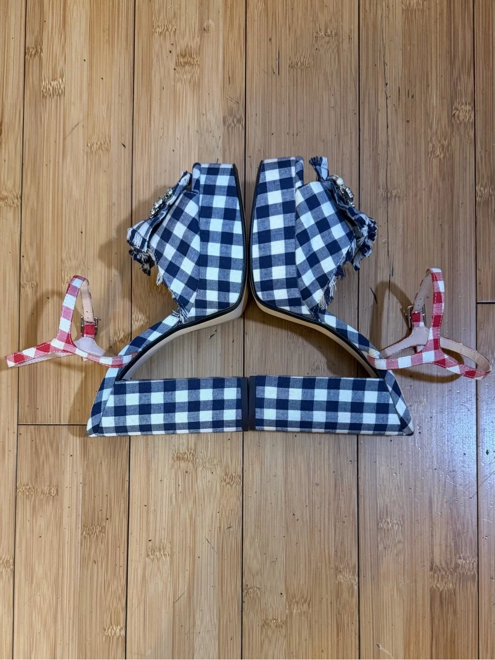 NWOT Zara Vichy Navy White Gingham Bejeweled Platform Heels Size 38 / 7.5